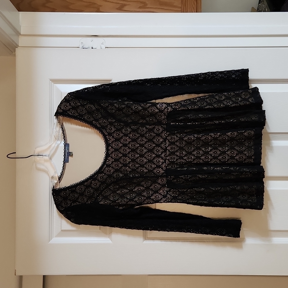 Catherine Malandrino Black Lace Peplum Long Sleeve Top/Size S
